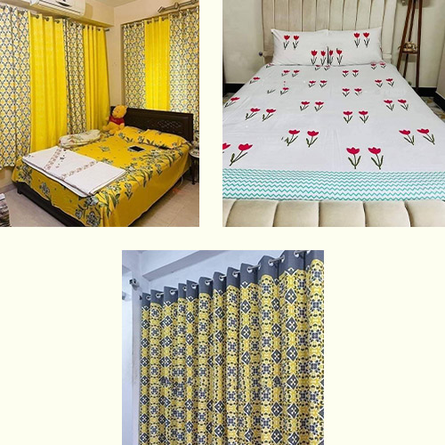2 pieces bed sheet 1 piece window curtain